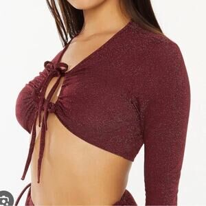 NEW Savage X Fenty purple burgundy sparkle keyhole tie front crop top, 1X